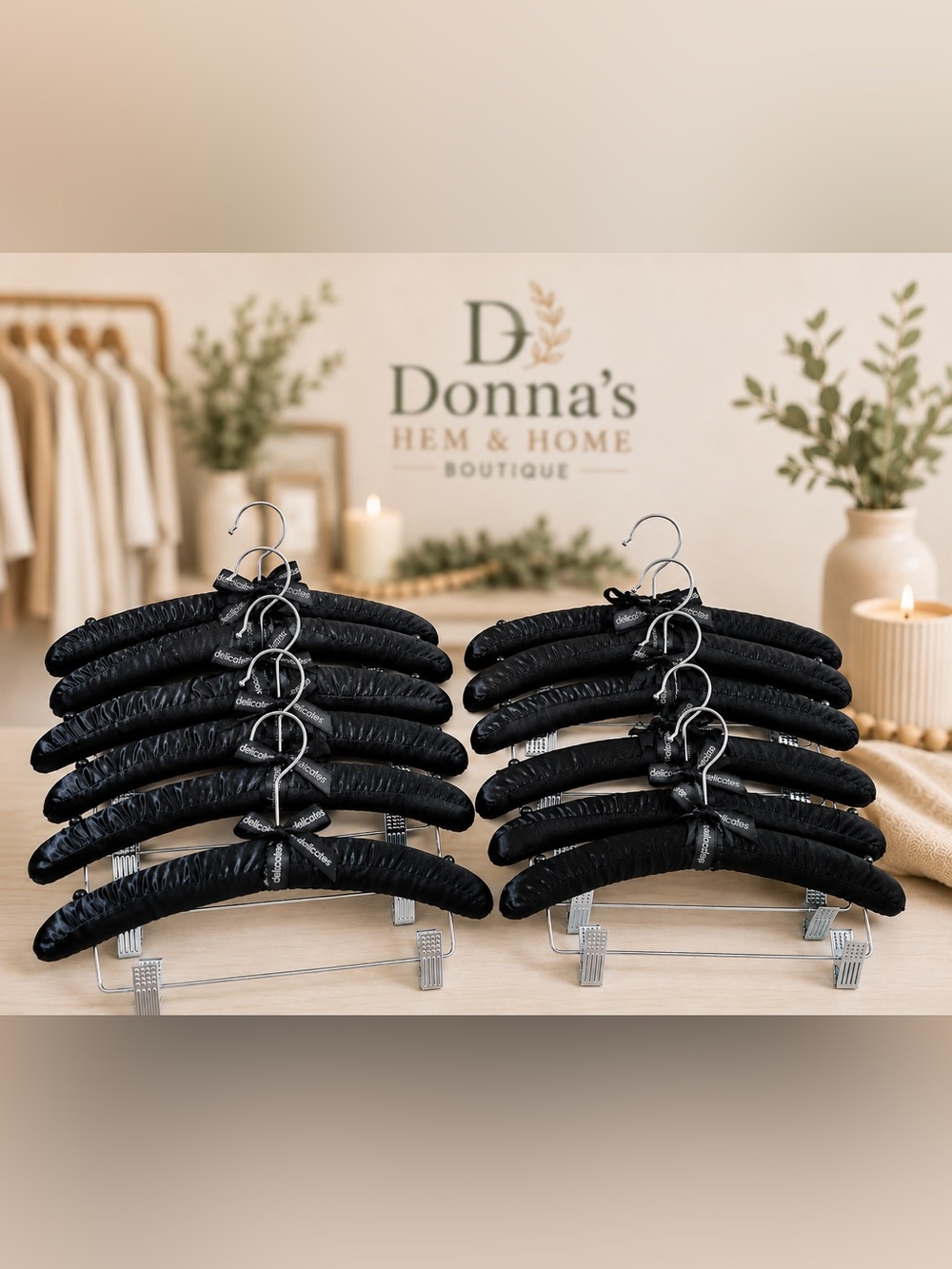 DELICATES Lot of 12 Black Satin 15” Padded Hangers with Clips & Non-Slip Buttons